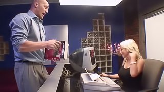 Slutty blonde receptionist greets him with a BJ and sex