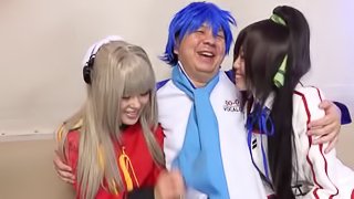 Cosplay cum whore blows and bones guys that jizz her up