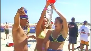 Amazing babes with natural tits getting drunk at the beach party outdoor