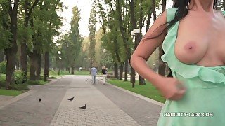 Outdoor public flashing and teasing - Seethrough and heels - Big tits