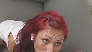 Tattooed redhead babe Karina is sucking