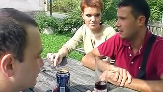 Redhead with short hair does really naughty things with two guys