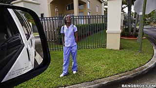 Interracial fucking in the van with cute ebony nurse Lexxi Deep
