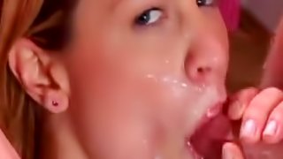 Amateur babe takes cum in mouth after being rammed cowgirl style in a MMF scene