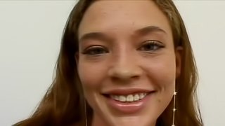 Freckle face pretty girl shows her ass and sucks some dick
