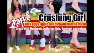 Kati sneakers and ballerinas barefoot crushing crushes eggs apples and strawberries with high heels