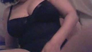 Curvy brunette webcam bitch in black corset and undies masturbates