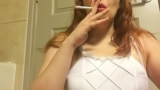 Sexy Chubby Redhead Teen Smoking Red Cork Tip Cigarette in White Nightie