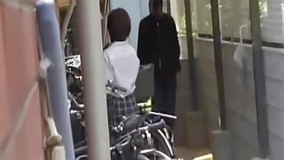 Blouse sharking attack with brown-haired Asian schoolgirl being surprised