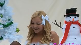 Santa's horny little blonde elf in nylon stockings puts on awesome christmas show