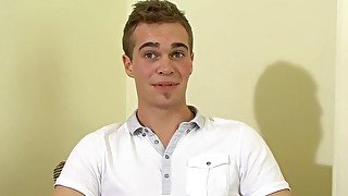 British twink strips after kinky interview and jerks off