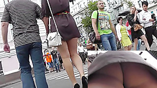 Delicious blonde with boyfriend in the public upskirt