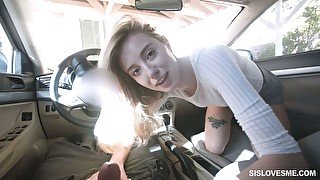 Playful light haired GF flashes her tits in the car and gives BF a BJ at home