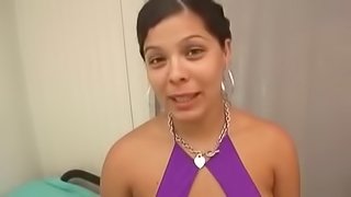 Fishnet-clad Latina with great juggs sucking a stranger's cock