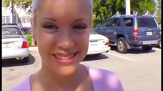 Nice blonde babe meets a guy at the parking and lets him fuck her ass