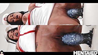 Real Life Hentai - Two nurses fuck huge dildos and explode cum on face - Canela Skin