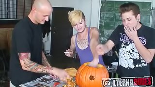 Halloween threesome with a cute gay guy taking two dicks