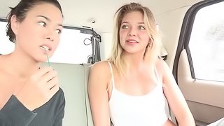 A couple of girls hook up in a car and lick those sweet pussies