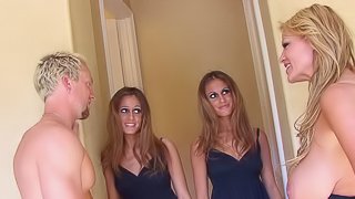 Slutty twins fucked together in a wild foursome