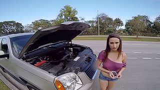 Busty slut in the back seat of his car fucked in POV