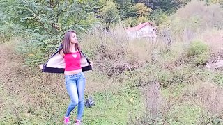 Long haired teen fingering her bald snatch outdoors