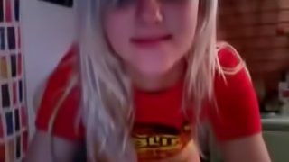 Cute blonde babe masturbating her shaved pussy for the webcam