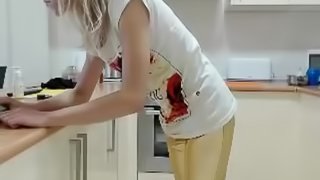 Sexy Kitchen Skinny Blonde Rubbing her pussy under panties