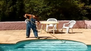 Two lustful girls have threesome sex with a pool cleaning guy