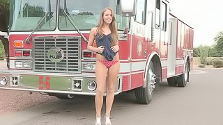 Red Hot Amateur Naked Outdoors on a Firetruck
