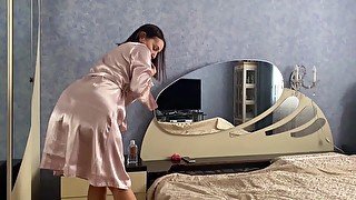MILF stepmom in sexy silk dressing gown jumps on dick and gets a lot of cumshot