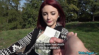 Cute redhead Lola Fae drops on her knees to give a BJ for money