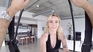Big boobs blonde in the sex swing sucks a fat dick and gets laid
