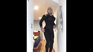 Brigitte's Black dress (trans, crossdress, mask, female mask, fetish, blonde, pantyhose, high heels)