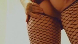 fucking myself with a black dildo with a butt plug, in fishnet pantyhose, cumming, squirting, moanin