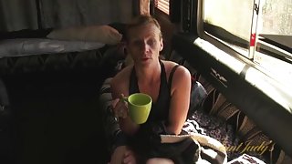 Mature blonde finishes her tea and gets naked