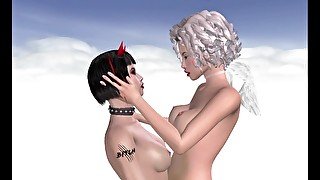 Angel and demon lesbian strapon sex