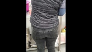 Step mom cleaning the kitchen get fucked through jeans by step son 