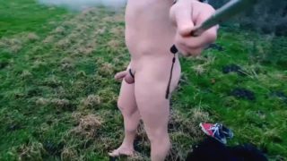 Long naked walk in feild then walk onto main track and cum