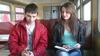 Slutty Beautiful Girl Meets Two Guys in the Train and Has a Threesome