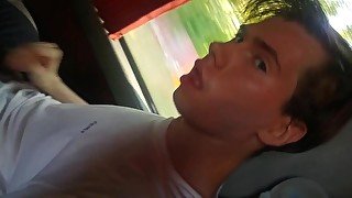 Twink is jerking off on public in a bus nearly caught