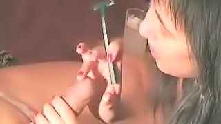 She shaves his cock and blows him