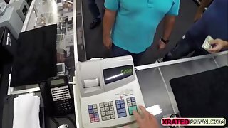 Busty Blonde lady gets big cash for sex inside of the pawn shop office by the clerk