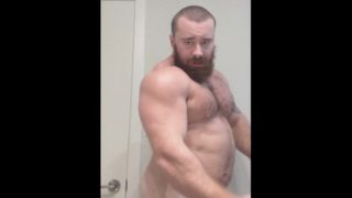 Bodybuilder Sweaty Naked Flex Before Shower. Beefy Big Hairy Musclebear Alpha Hung Cock Bull Cocky 
