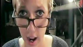 Blonde nerd blows the police officer and bends over for his dick