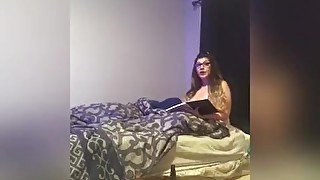 Sexy nerdy bbw gets vengeful beside snoring white boyfriend with huge bbc (wipes his cum on bf)