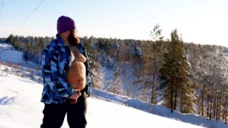Public masturbation and blowjob on a hiking trail in snow