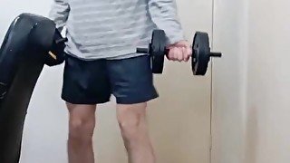 Cute clothed gym boy jerks off big cock on stream