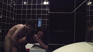 Stunning brunette chick gets hammered in the public toilet