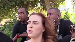 Chubby chick gets her ivory cunt smashed in interracial gangbang