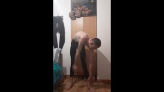 Baldy skinny teen shows off his ribs and small ass while in leggings